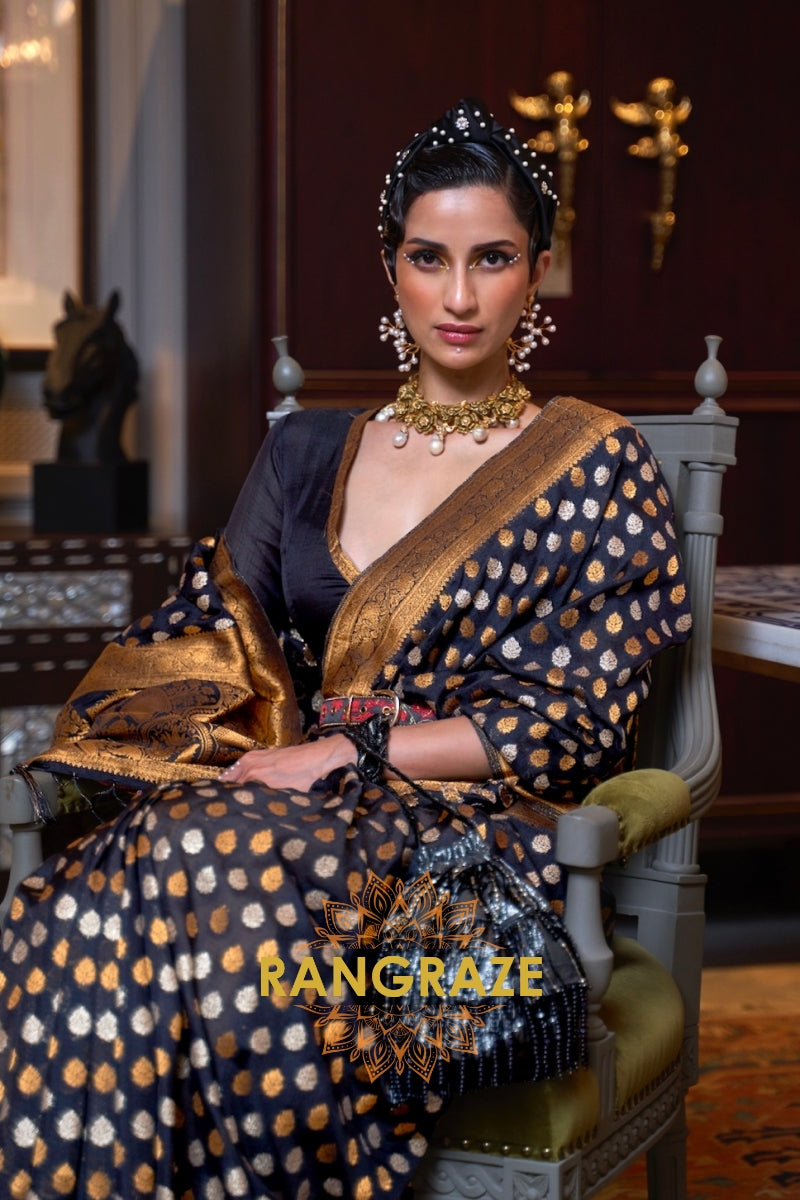 Onyx Black Woven Banarasi Khadi Silk Saree