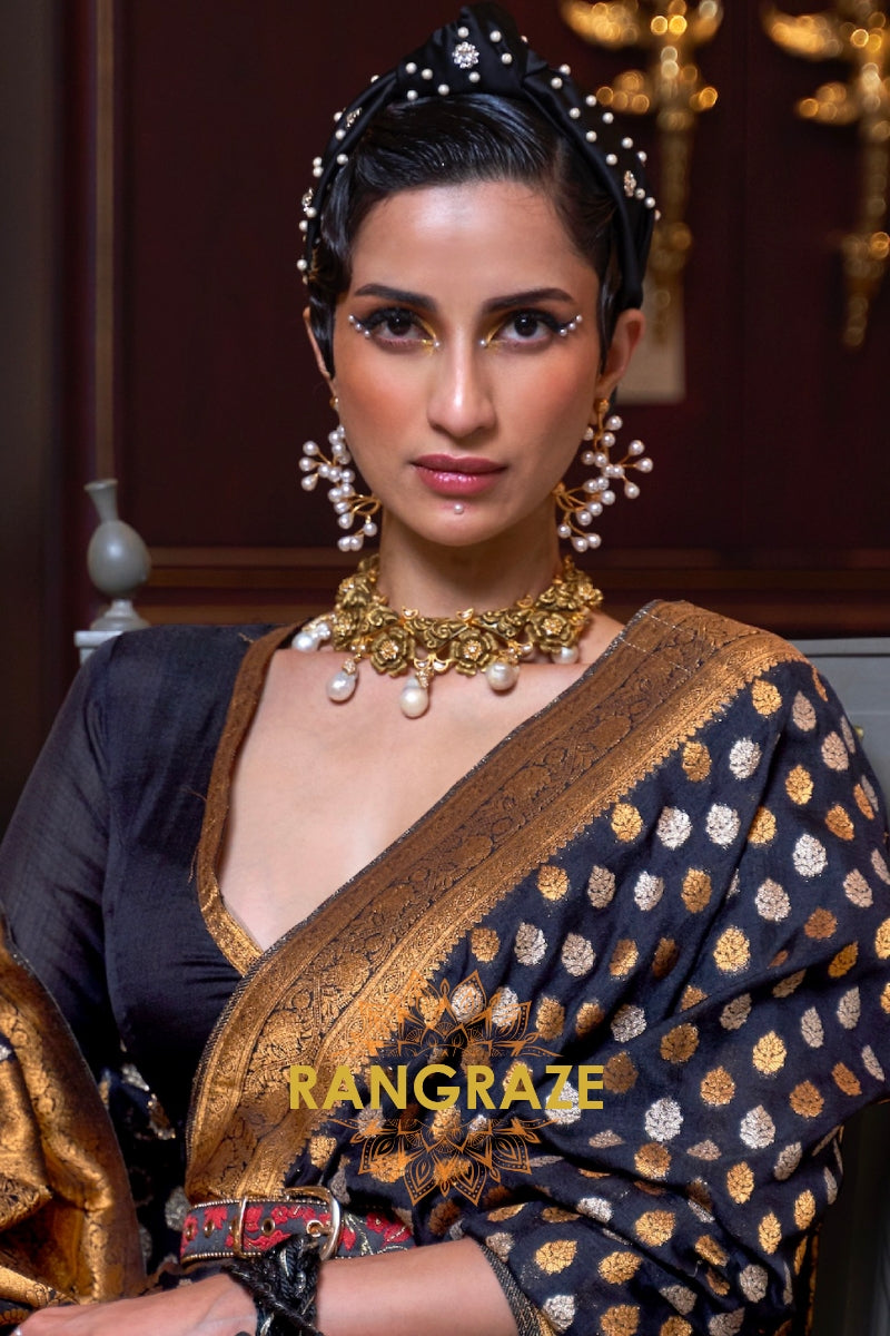 Onyx Black Woven Banarasi Khadi Silk Saree