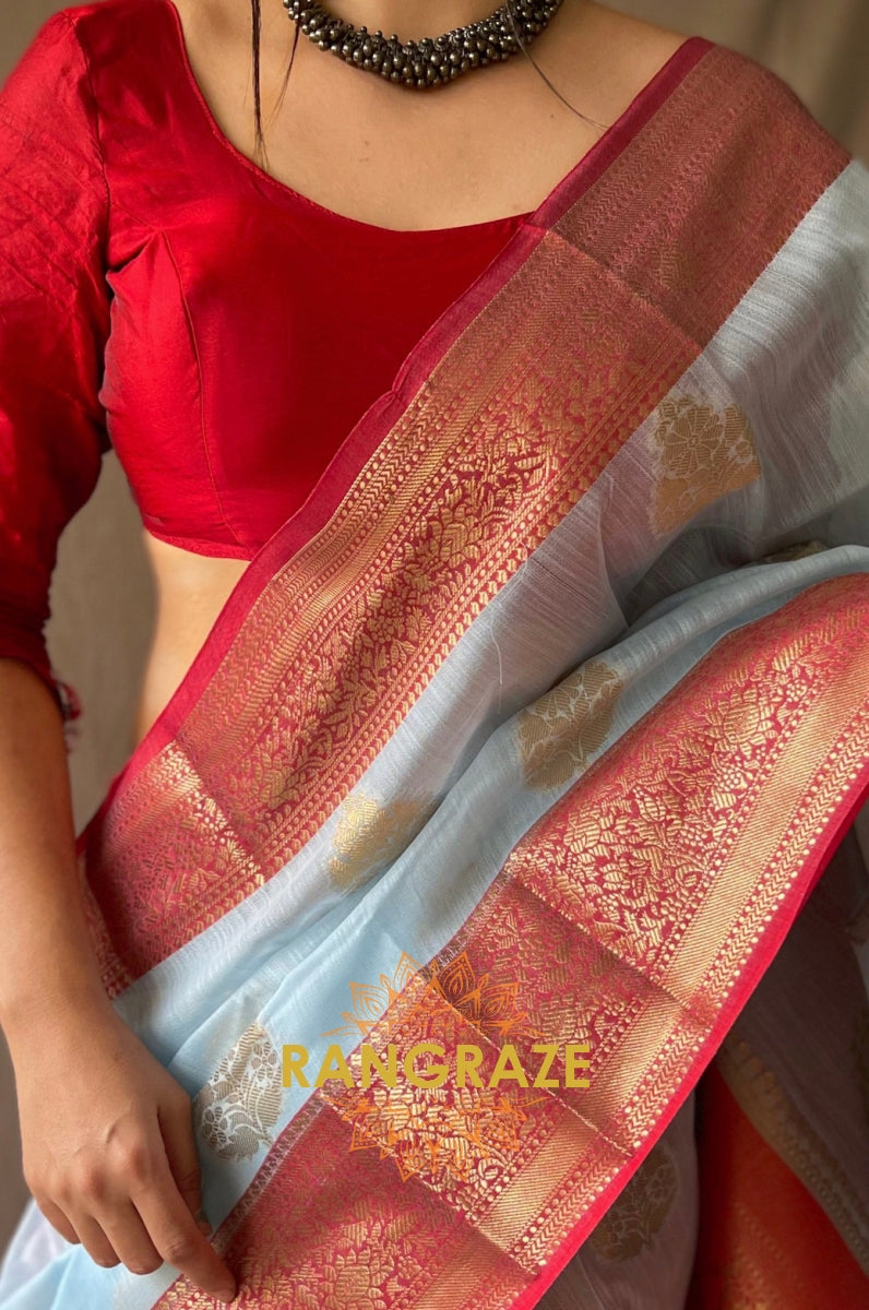 Azure Blue Soft Linen Silk Weaving Saree With Contrast Border And Pallu