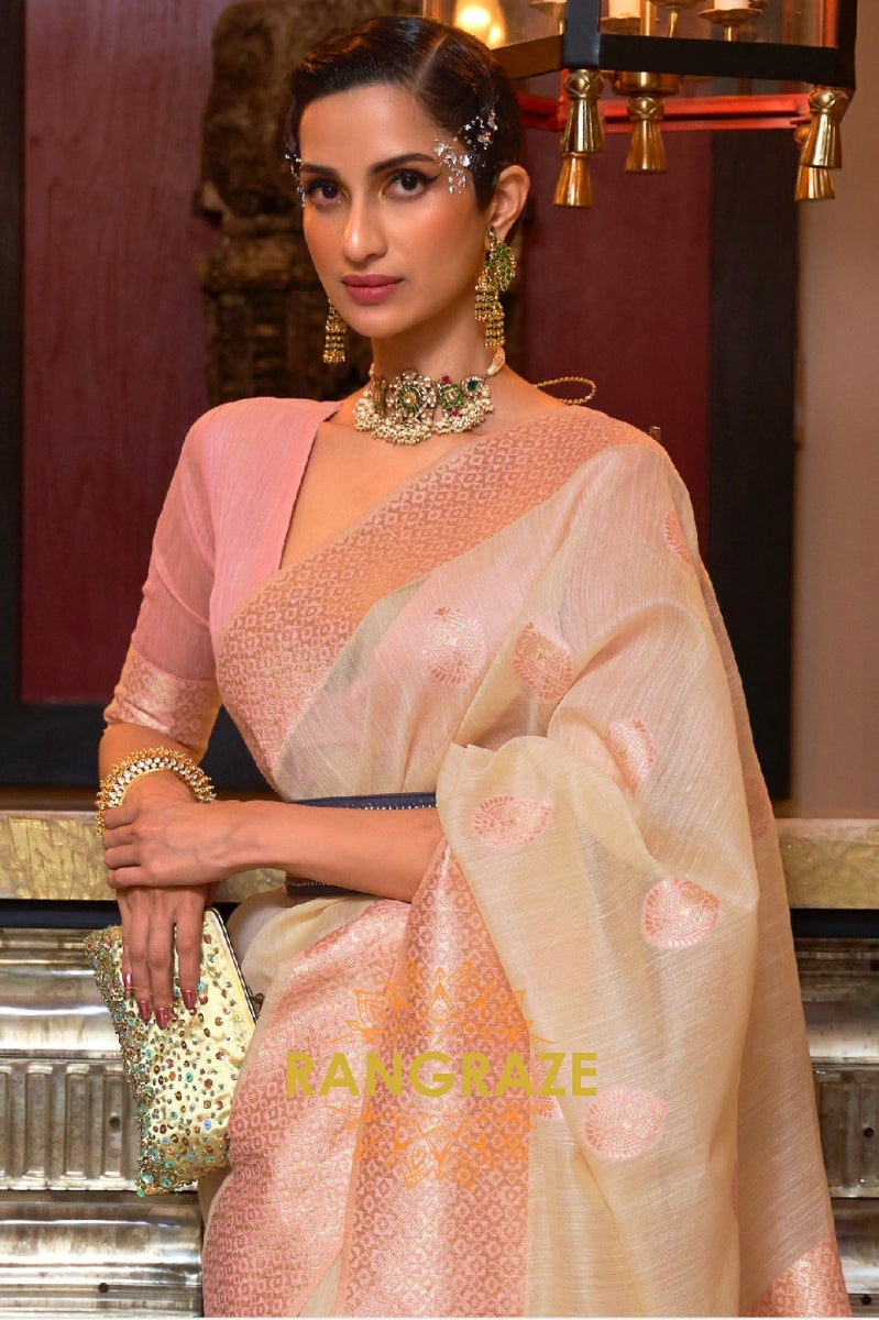 Pinky Beige Pure Linen Weaving With Contrast Pallu & Blouse