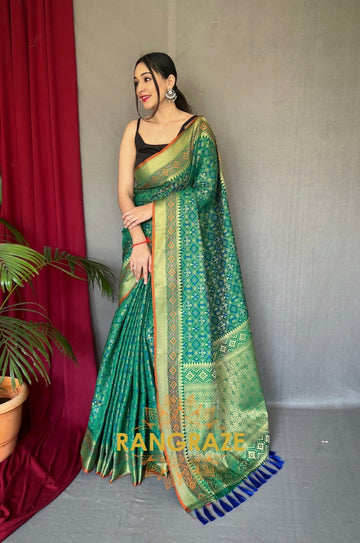 Forest Green Pure Silk Saree With Patola Fusion Design