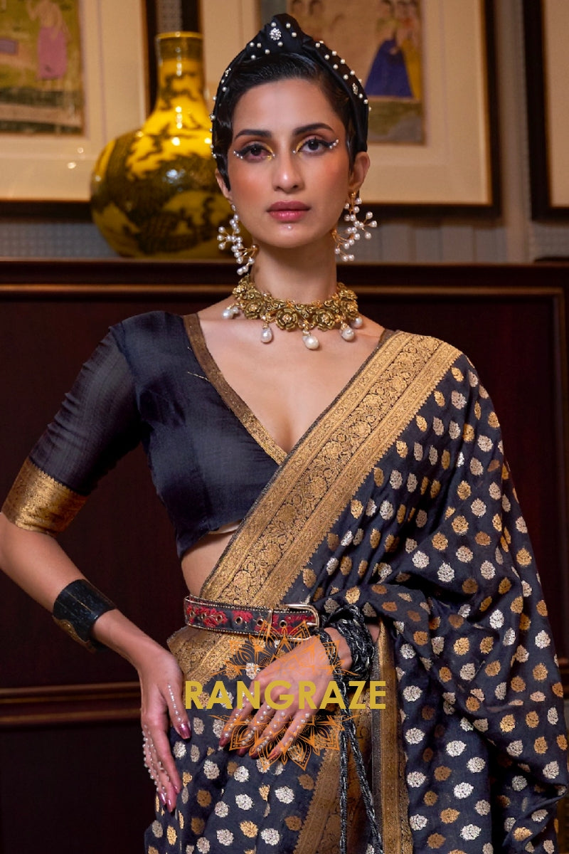 Onyx Black Woven Banarasi Khadi Silk Saree