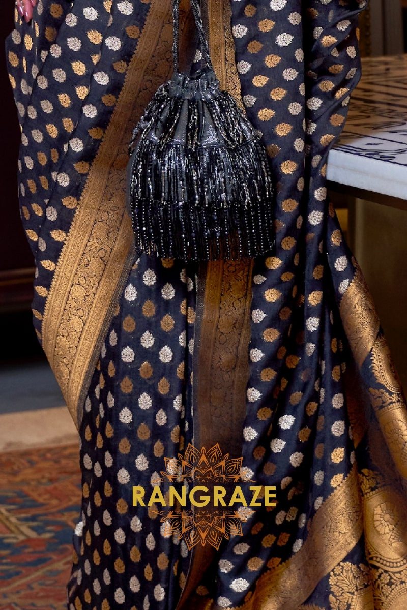 Onyx Black Woven Banarasi Khadi Silk Saree