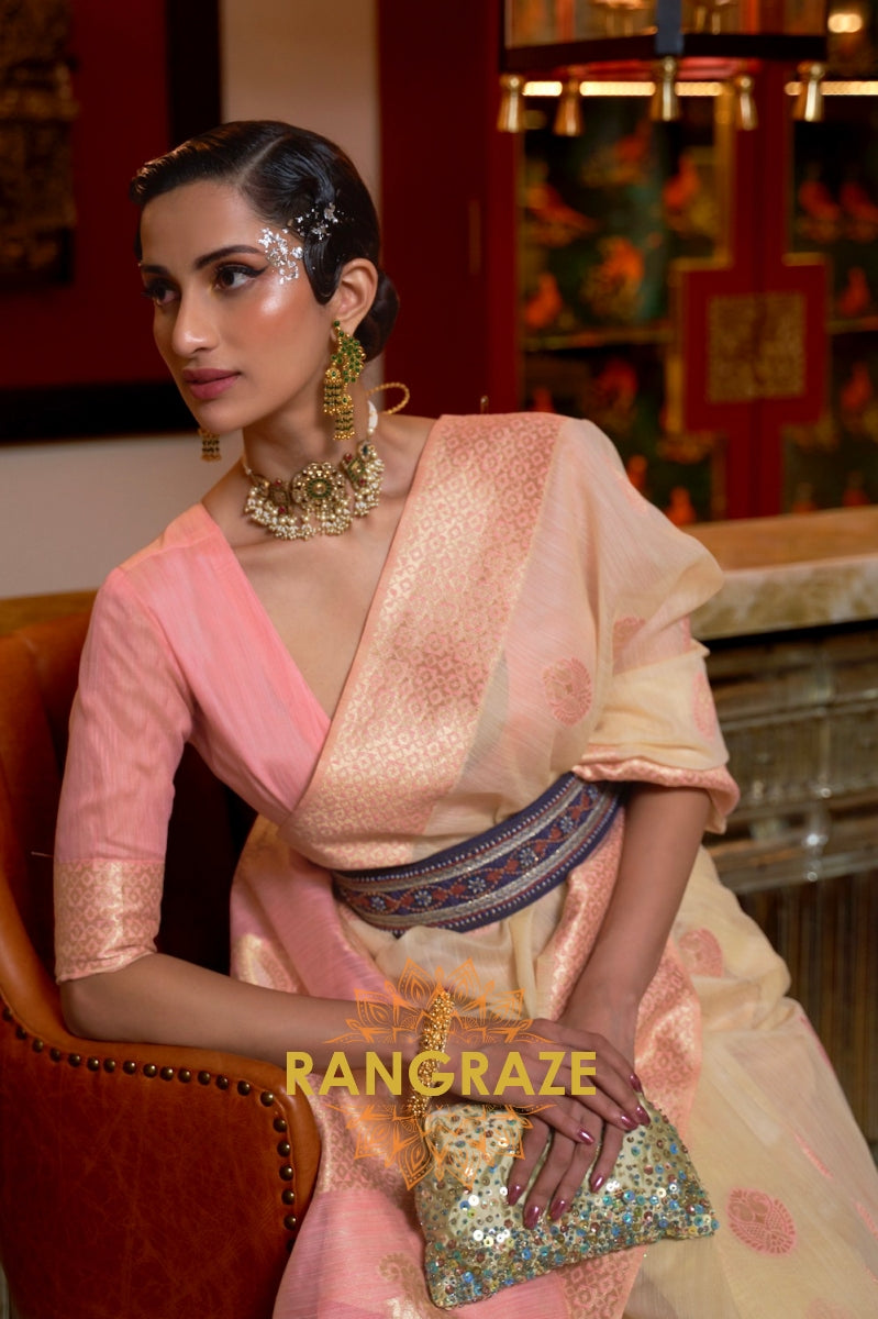 Pinky Beige Pure Linen Weaving With Contrast Pallu & Blouse