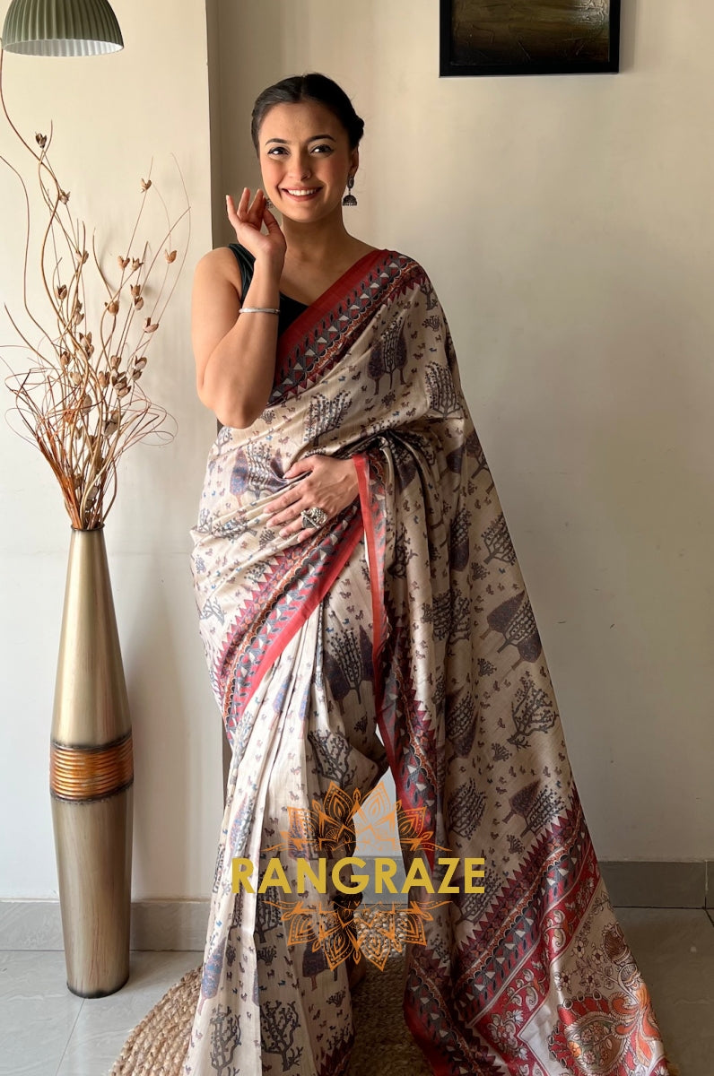 Floral Grey Soft Silk Saree With Tribal And Kalamkari Fusion Print