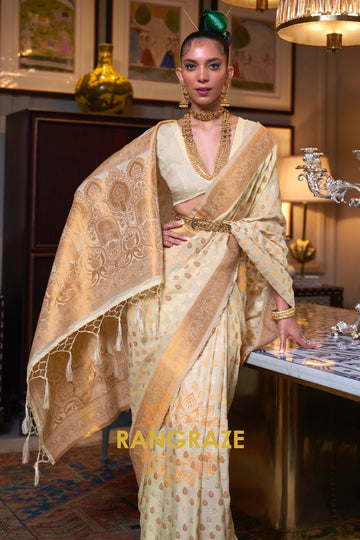 Golden Beige Woven Banarasi Khadi Silk Saree