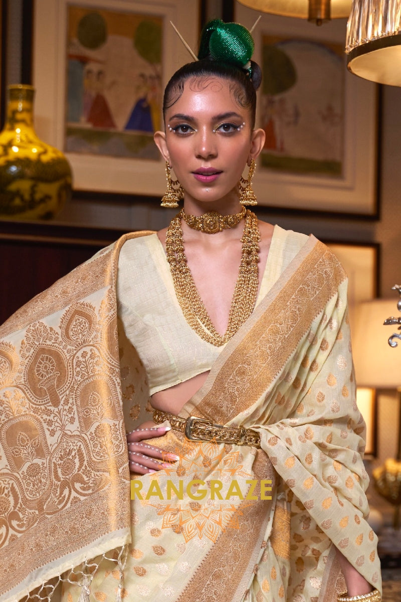 Golden Beige Woven Banarasi Khadi Silk Saree