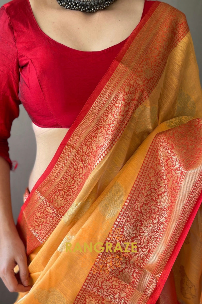 Yellow Soft Linen Silk Weaving Saree With Contrast Border And Pallu