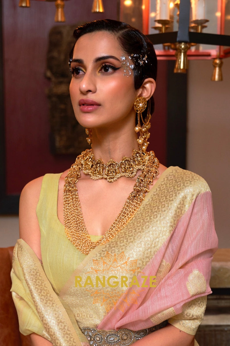 Golden Pink Pure Linen Weaving With Contrast Pallu & Blouse