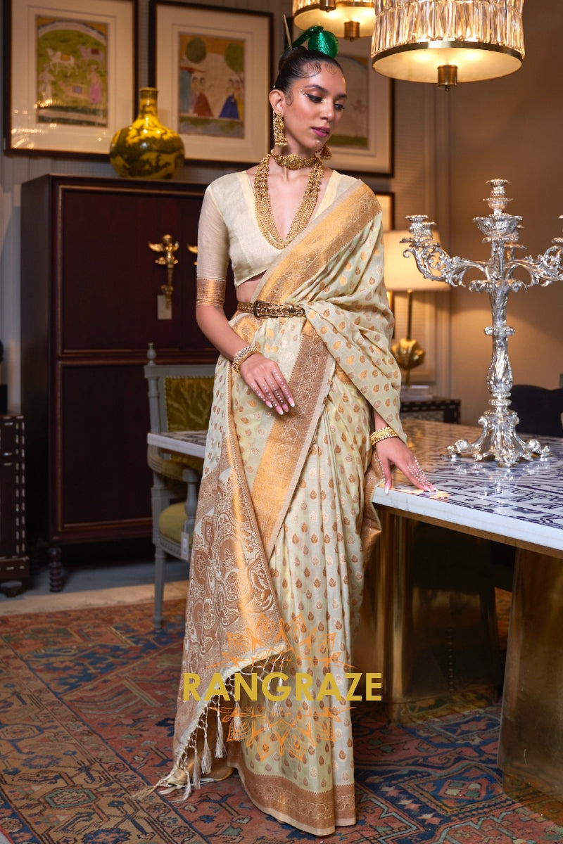 Golden Beige Woven Banarasi Khadi Silk Saree