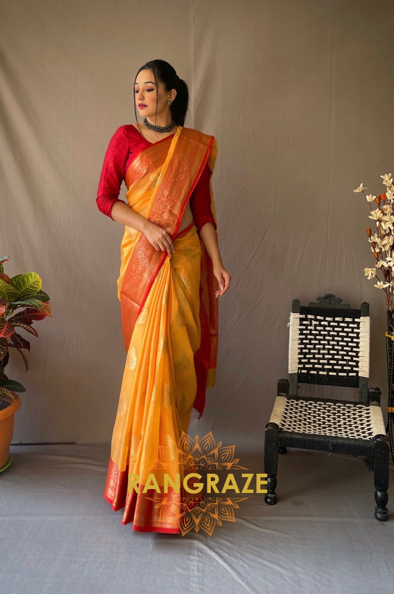 Yellow Soft Linen Silk Weaving Saree With Contrast Border And Pallu