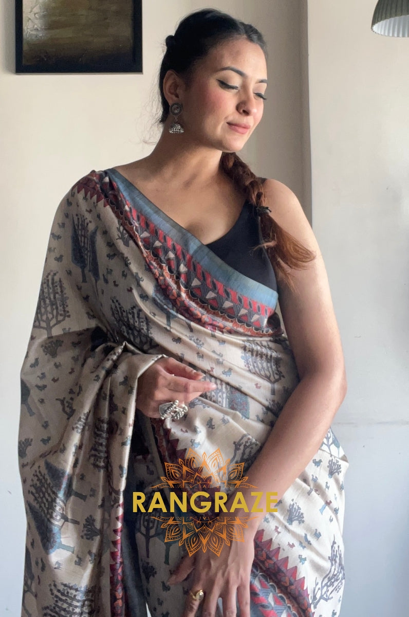 Beige Floral Soft Silk Saree With Tribal And Kalamkari Fusion Print