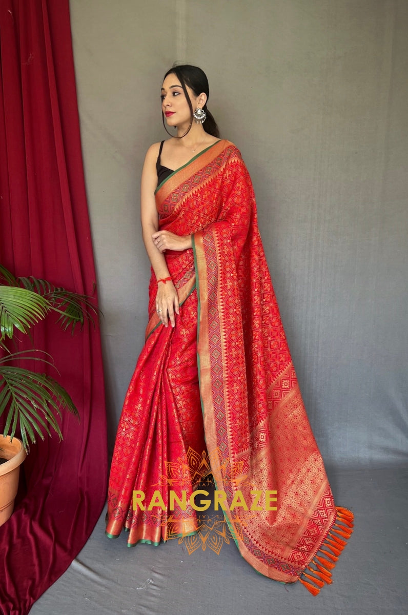 Orange Red Pure Silk Saree With Patola Fusion Design