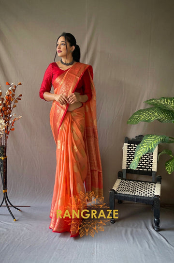 Orange Soft Linen Silk Weaving Saree With Contrast Border And Pallu