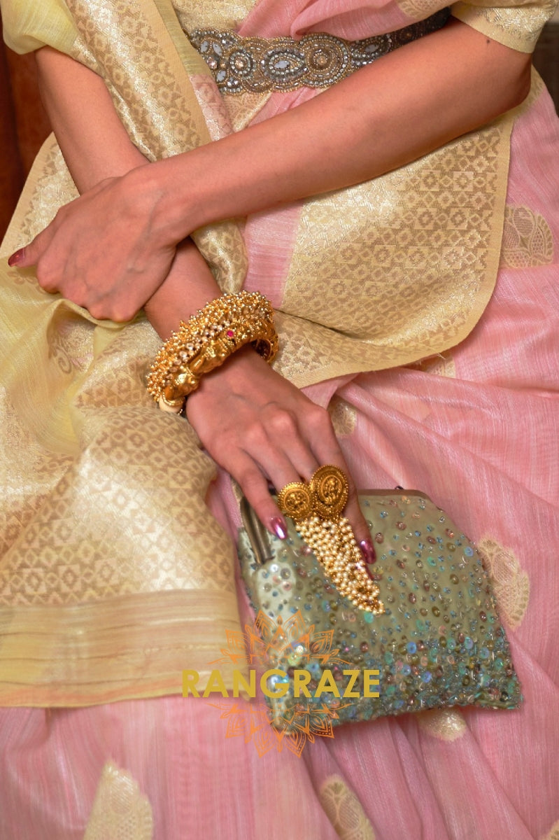 Golden Pink Pure Linen Weaving With Contrast Pallu & Blouse