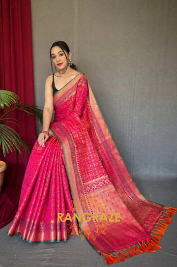 Magenta Pink Pure Silk Saree With Patola Fusion Design