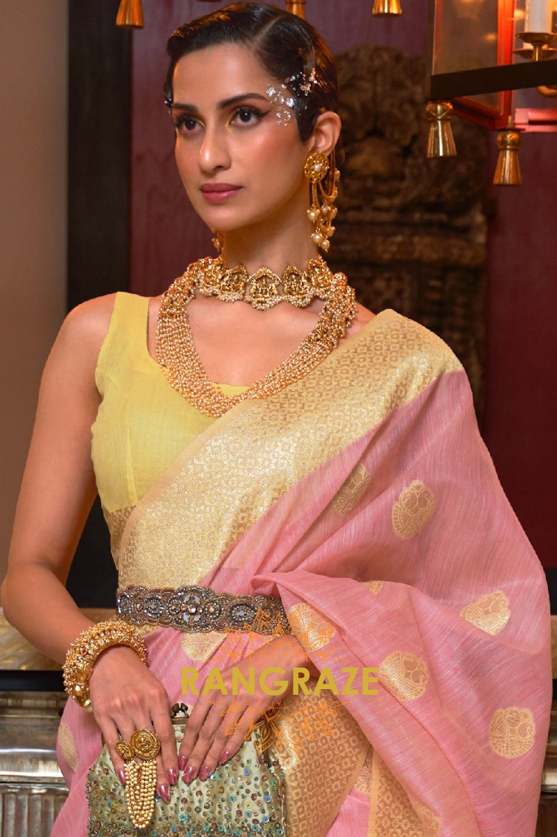 Golden Pink Pure Linen Weaving With Contrast Pallu & Blouse