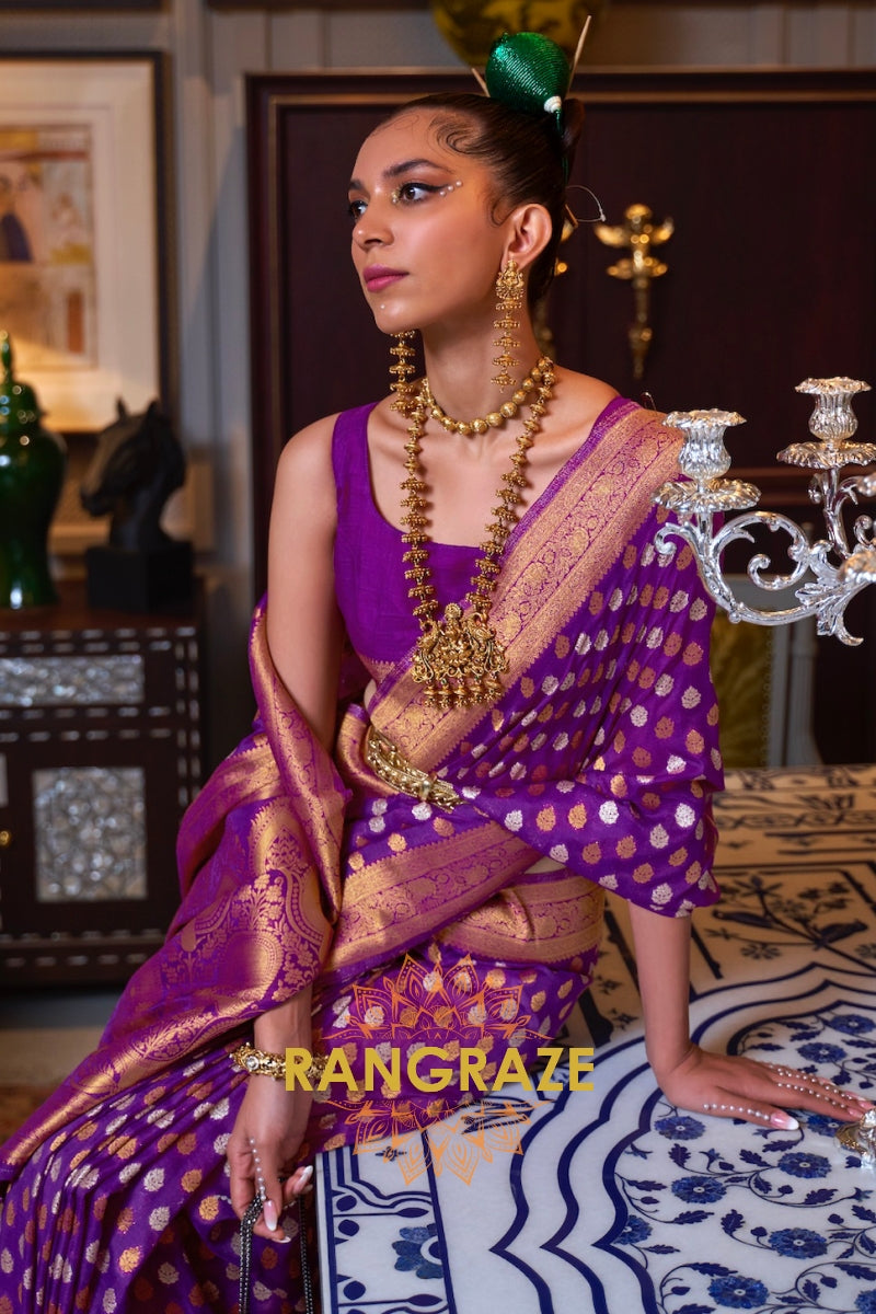 Violet Purple Woven Banarasi Khadi Silk Saree