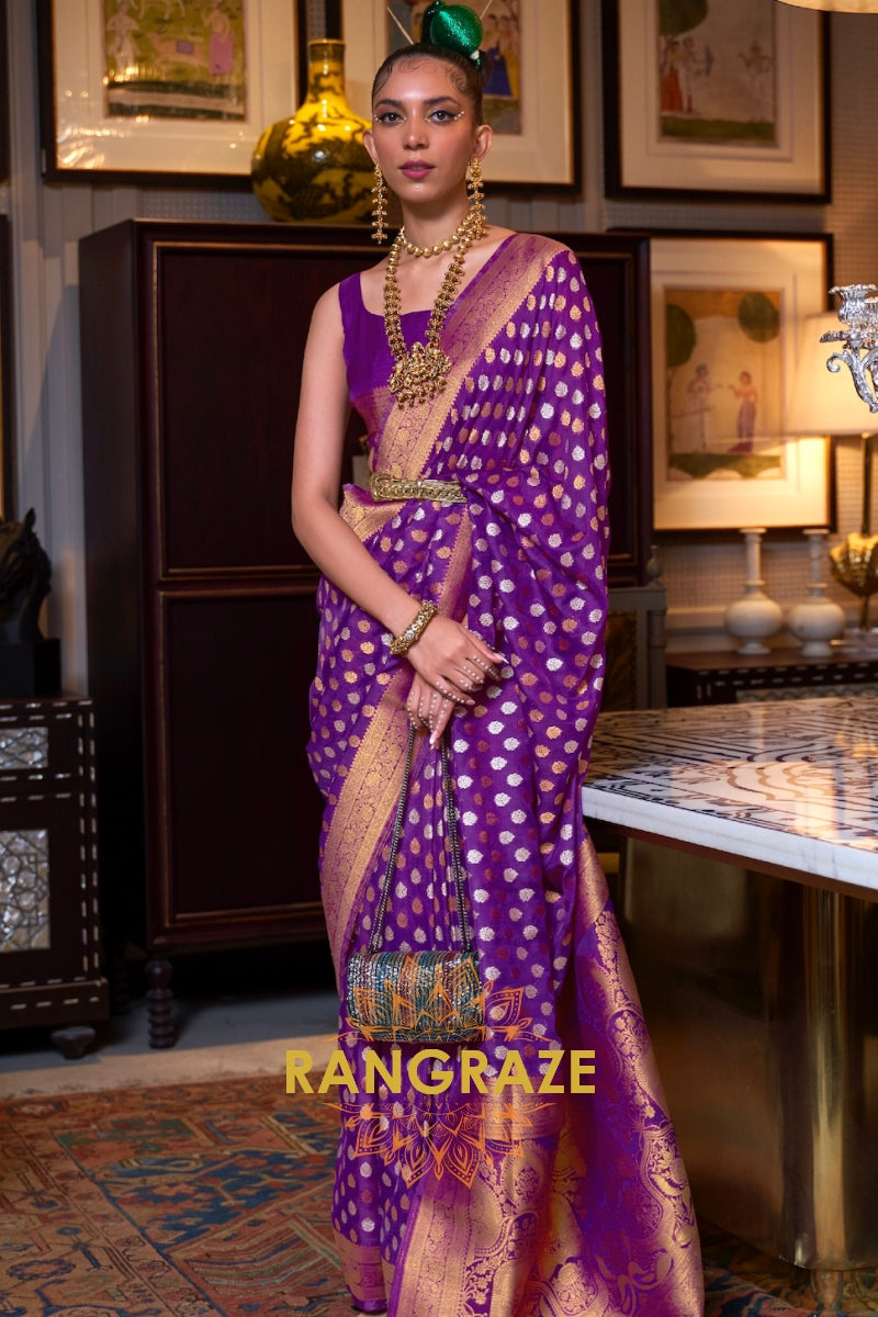 Violet Purple Woven Banarasi Khadi Silk Saree