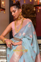 Pinky Blue Pure Linen Weaving With Contrast Pallu & Blouse