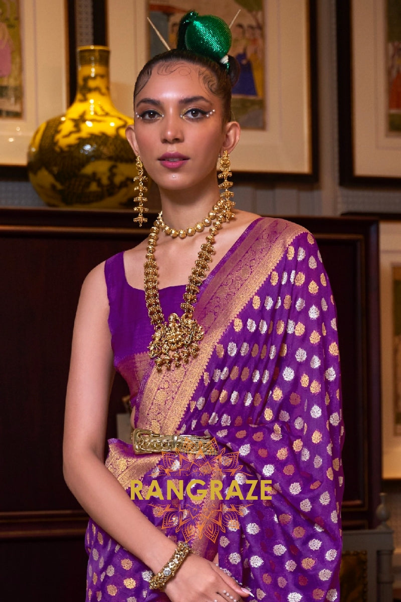 Violet Purple Woven Banarasi Khadi Silk Saree