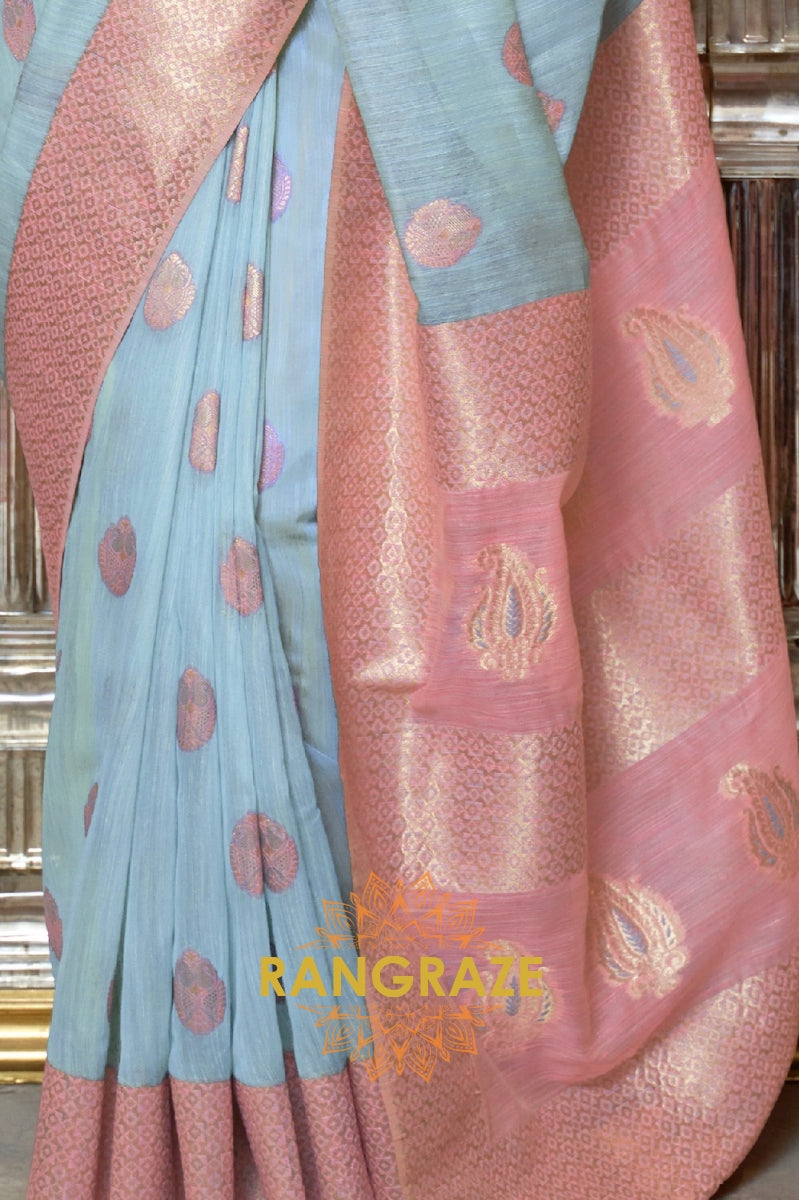 Pinky Blue Pure Linen Weaving With Contrast Pallu & Blouse