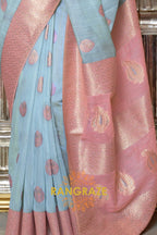Pinky Blue Pure Linen Weaving With Contrast Pallu & Blouse