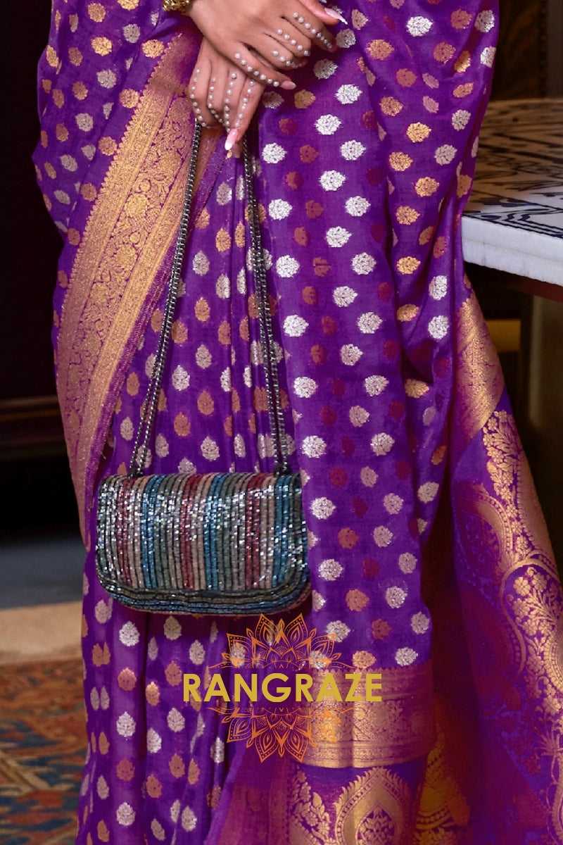 Violet Purple Woven Banarasi Khadi Silk Saree