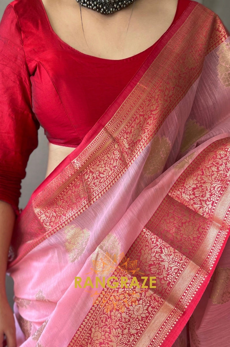 Rose Pink Soft Linen Silk Weaving Saree With Contrast Border And Pallu