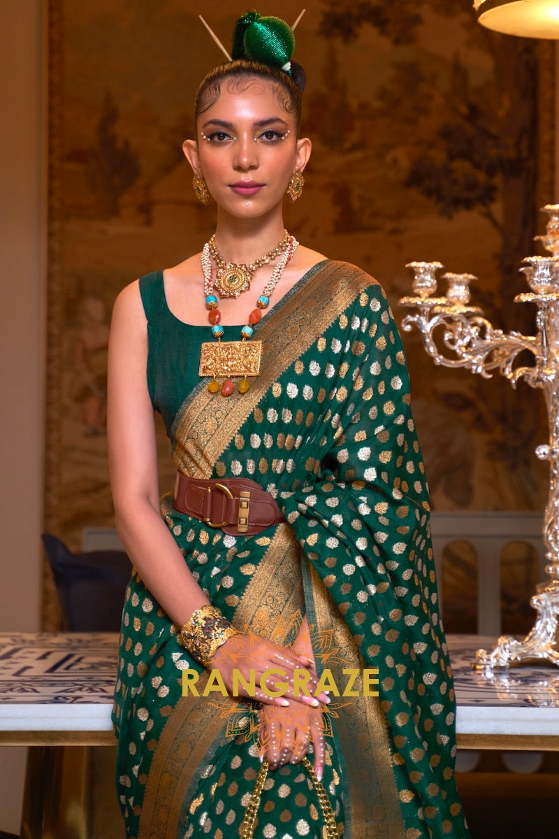 Pine Green Woven Banarasi Khadi Silk Saree