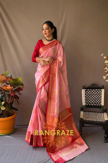 Rose Pink Soft Linen Silk Weaving Saree With Contrast Border And Pallu