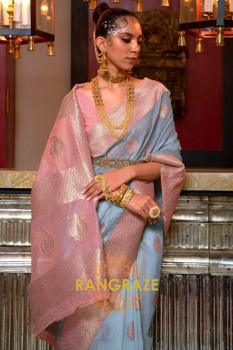 Pinky Blue Pure Linen Weaving With Contrast Pallu & Blouse