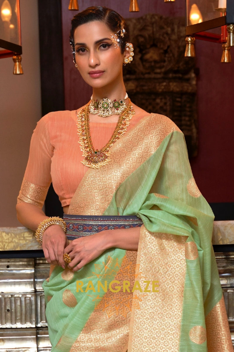 Golden Green Pure Linen Weaving With Contrast Pallu & Blouse
