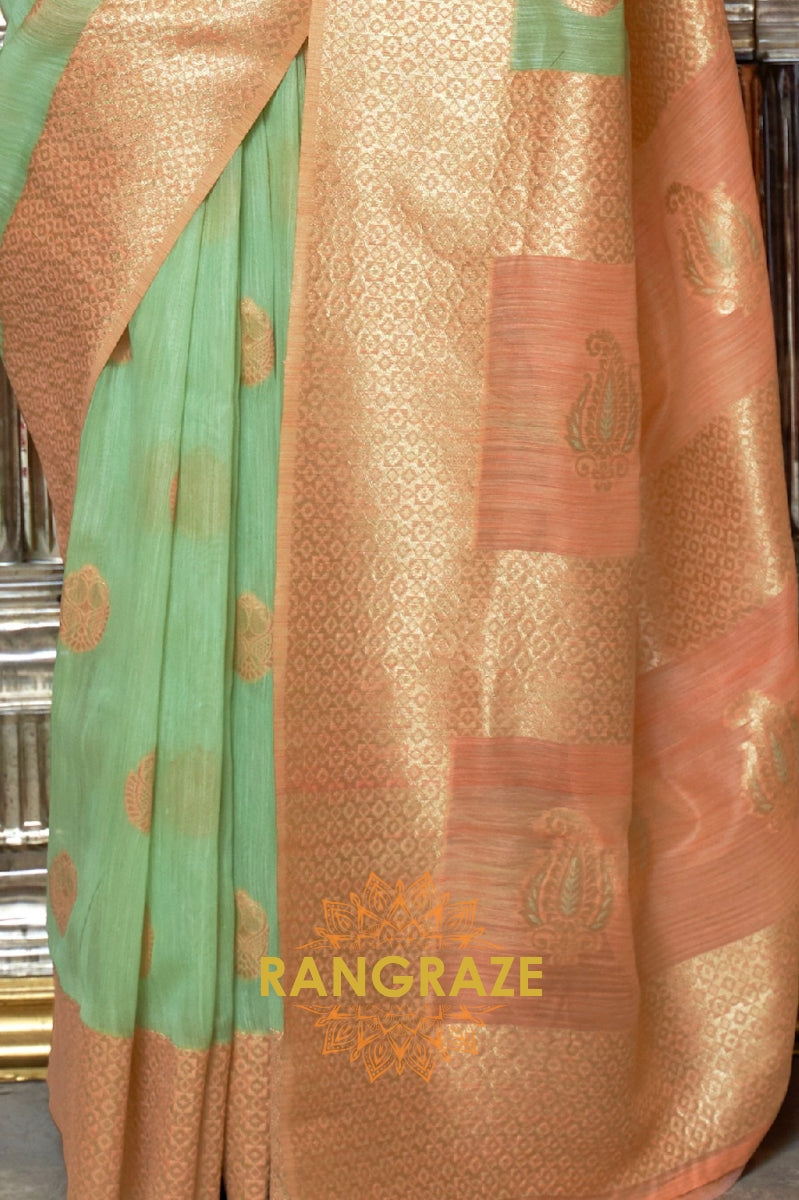 Golden Green Pure Linen Weaving With Contrast Pallu & Blouse