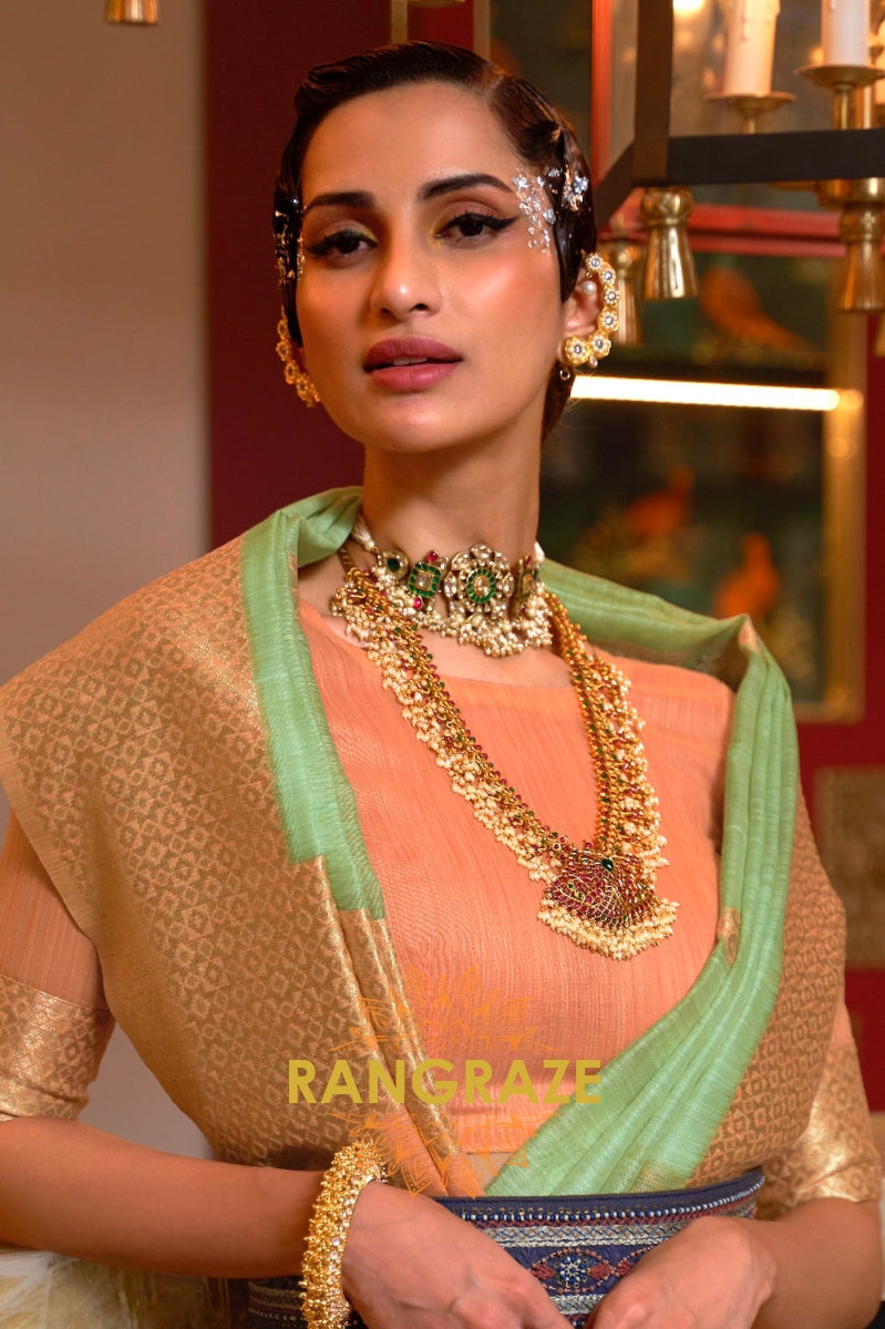 Golden Green Pure Linen Weaving With Contrast Pallu & Blouse