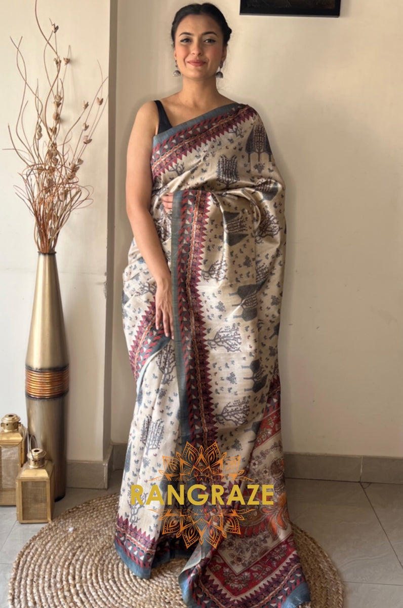 Beige Floral Soft Silk Saree With Tribal And Kalamkari Fusion Print