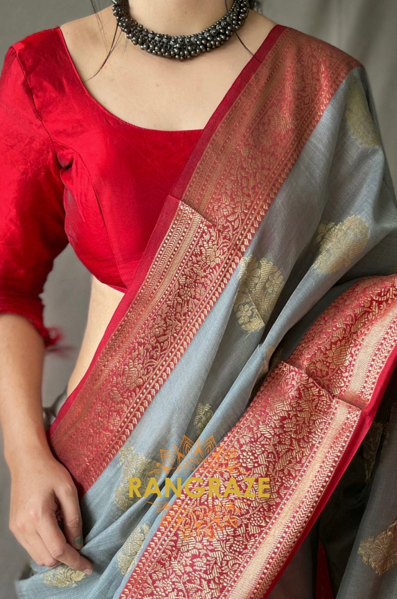 Grey Soft Linen Silk Weaving Saree With Contrast Border And Pallu