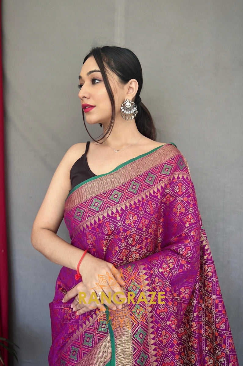 Purple Pure Silk Saree With Patola Fusion Design