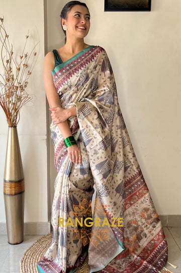 Grey Floral Soft Silk Saree With Tribal And Kalamkari Fusion Print