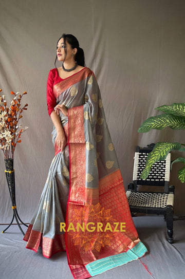 Grey Soft Linen Silk Weaving Saree With Contrast Border And Pallu