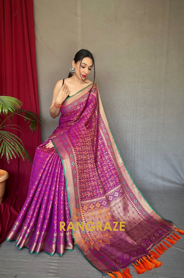 Purple Pure Silk Saree With Patola Fusion Design