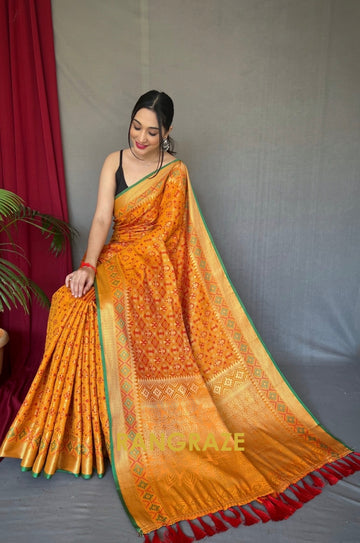 Golden Yellow Pure Silk Saree With Patola Fusion Design