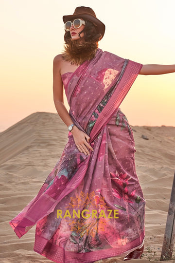 Mauve Pink Woven Linen Saree with Zari Border