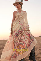 Ivory White Woven Linen Saree with Zari Border