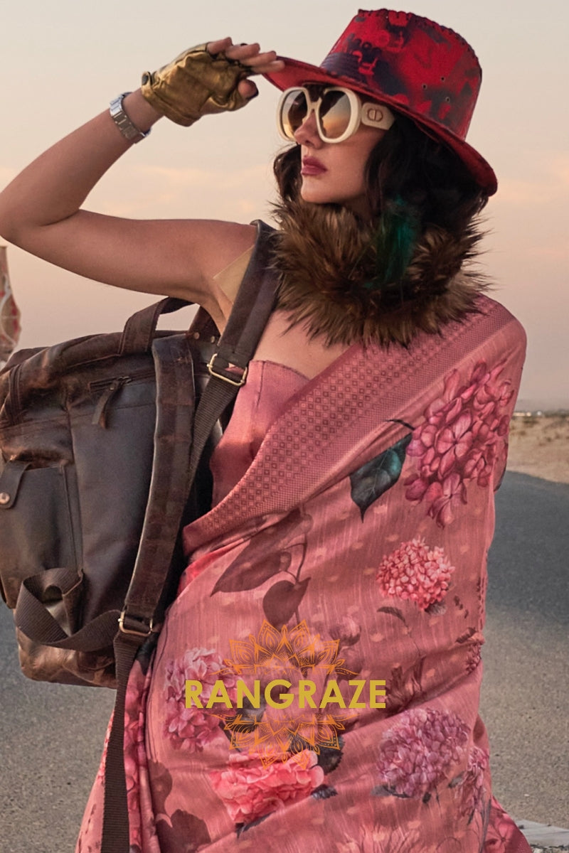 Rosewood Pink Woven Linen Saree with Zari Border
