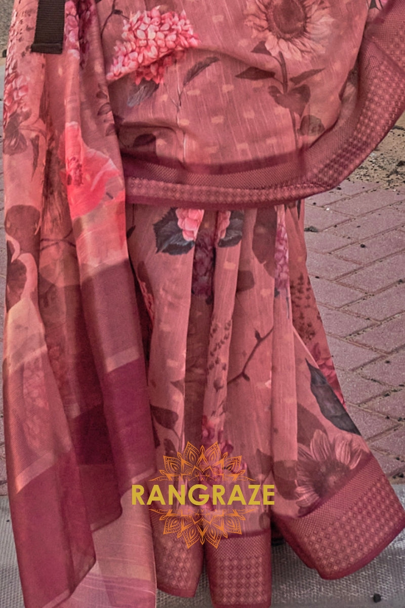 Rosewood Pink Woven Linen Saree with Zari Border