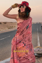 Rosewood Pink Woven Linen Saree with Zari Border