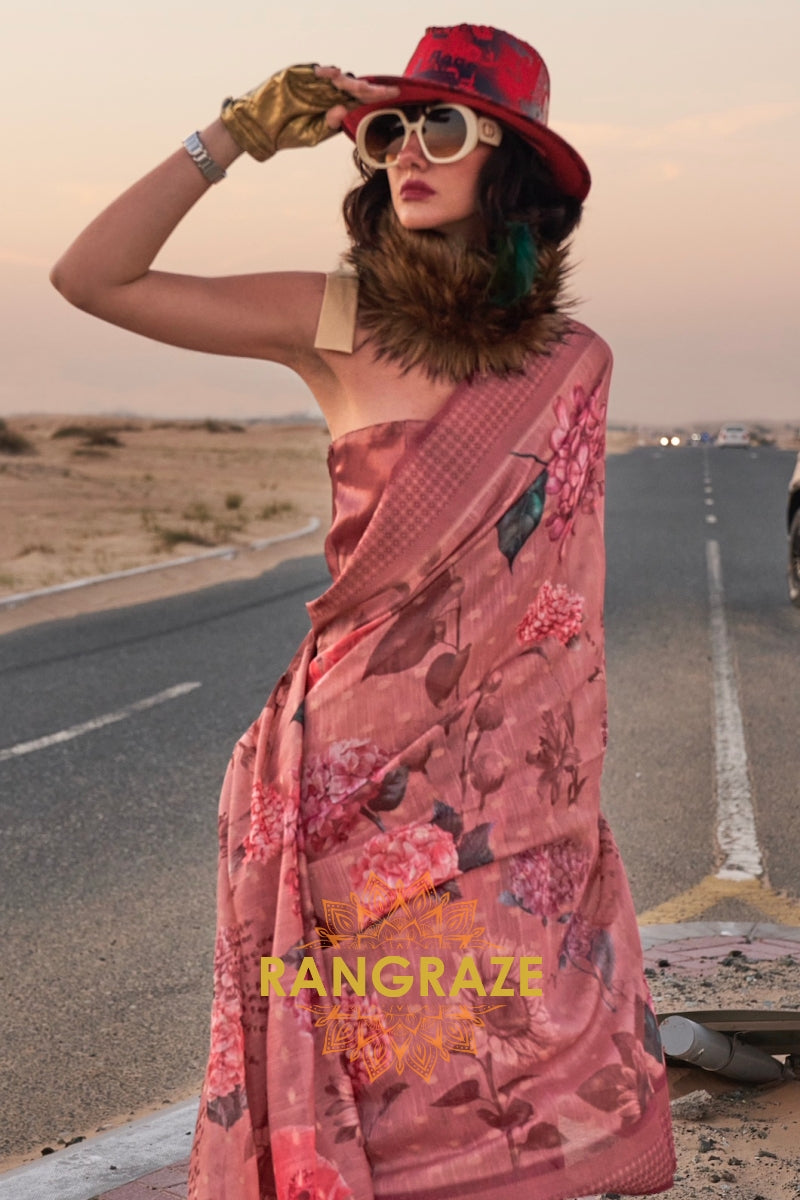 Rosewood Pink Woven Linen Saree with Zari Border