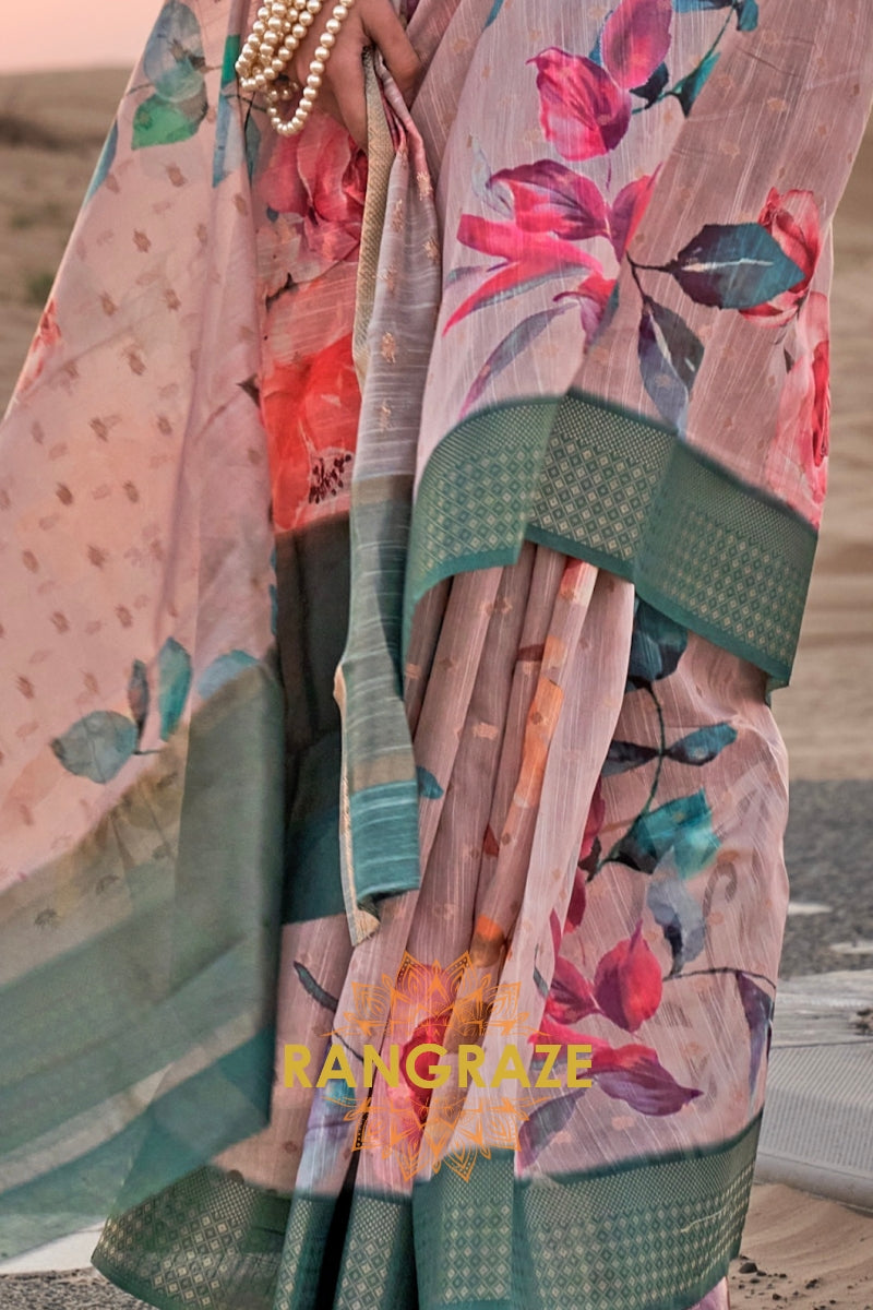 Parchment White Woven Linen Saree with Zari Border