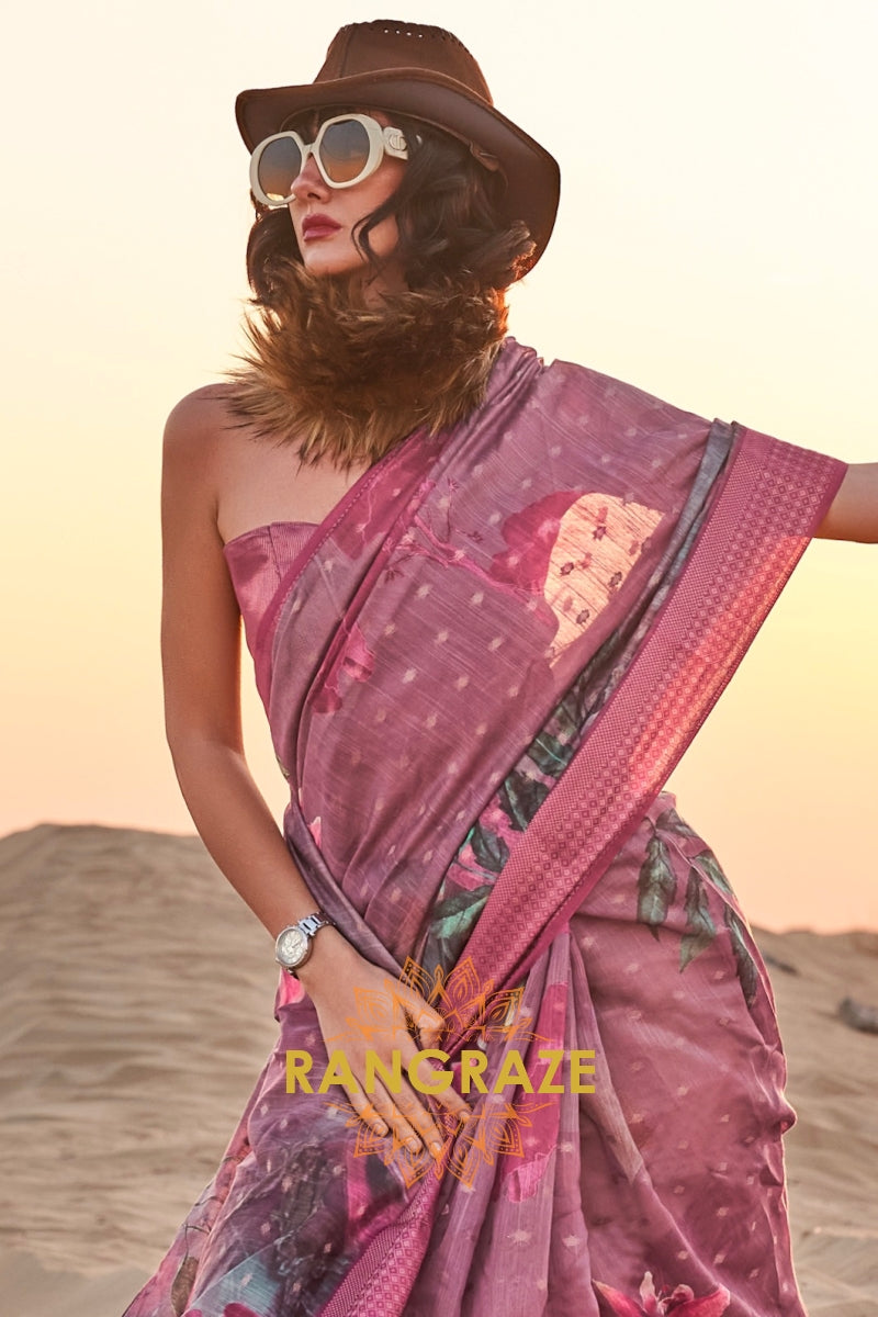 Mauve Pink Woven Linen Saree with Zari Border